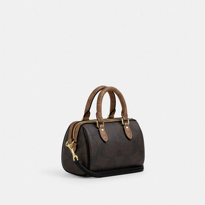 Coach Mini Rowan Crossbody Bag In Blocked Signature Canvas Gold Walnut Tan