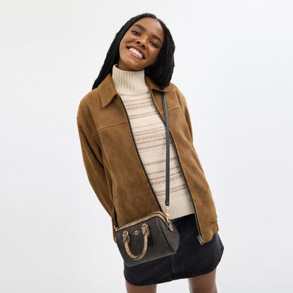 Coach Mini Rowan Crossbody Bag In Blocked Signature Canvas Gold Walnut Tan