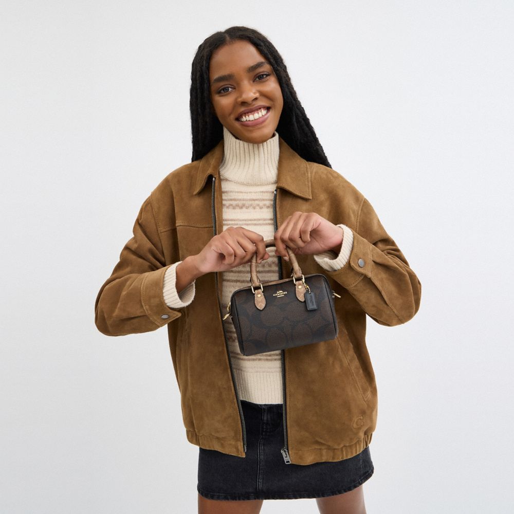 Coach Mini Rowan Crossbody Bag In Blocked Signature Canvas Gold Walnut Tan