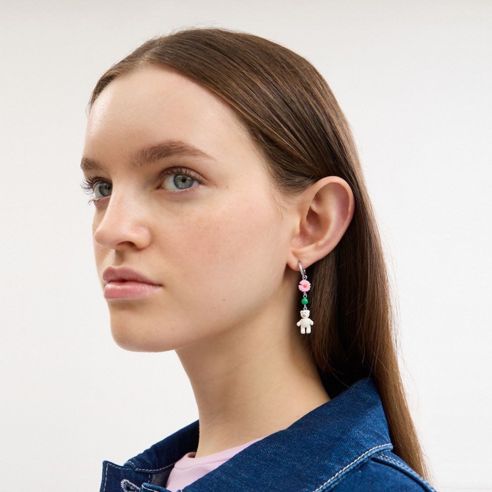 Coach Mushroom And Teddy Bear Linear Earrings Silver Multi