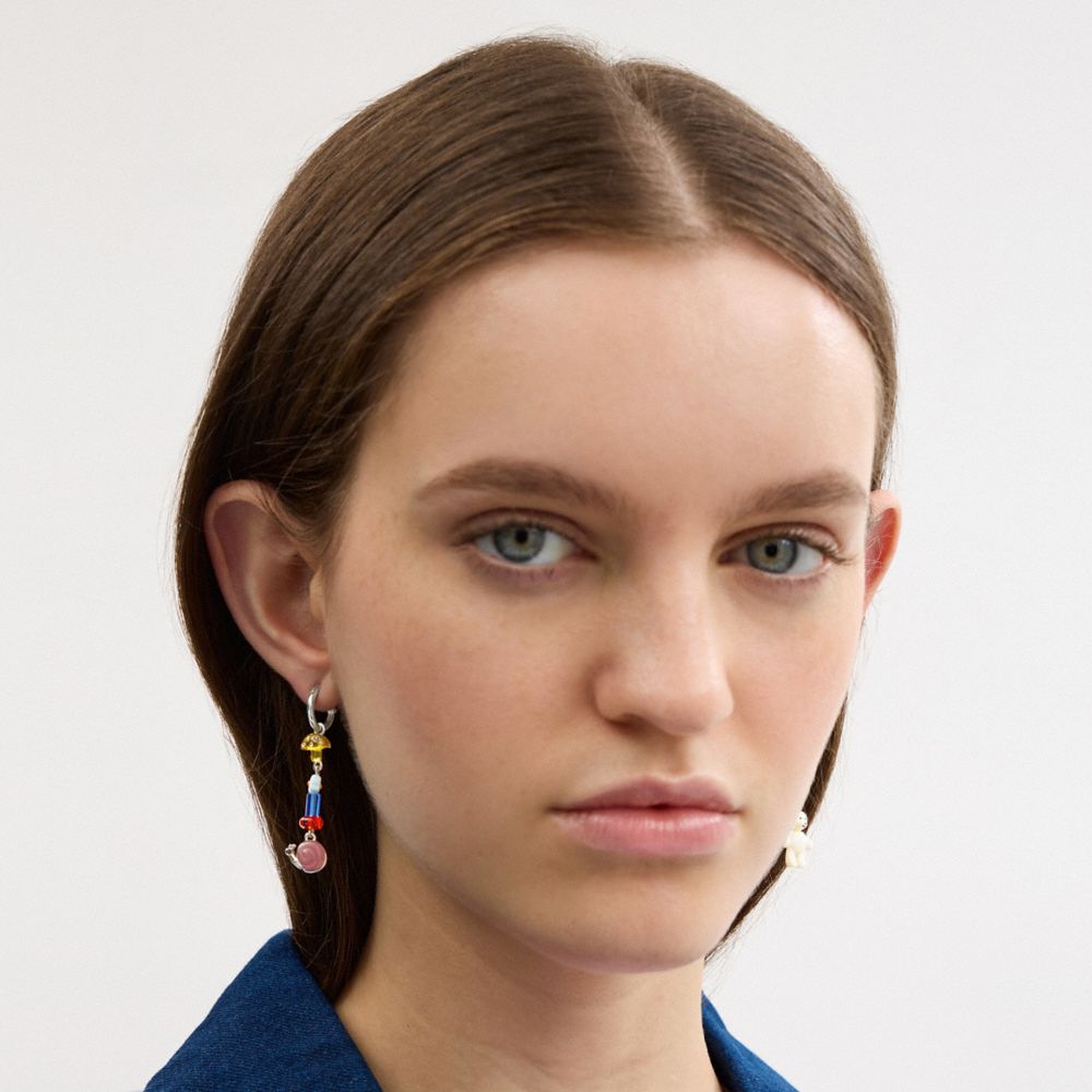 Coach Mushroom And Teddy Bear Linear Earrings Silver Multi