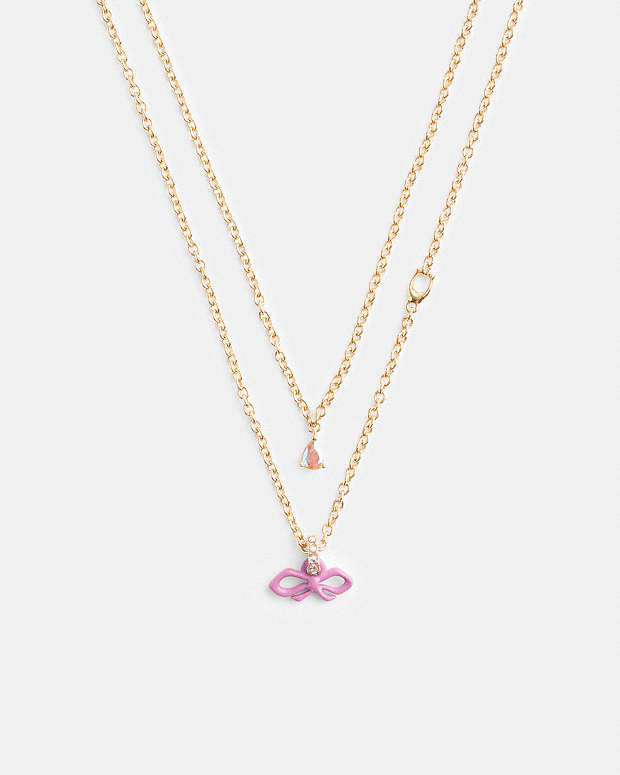 Mini Bow Layered Necklace Gold-Pink Gold-Pink