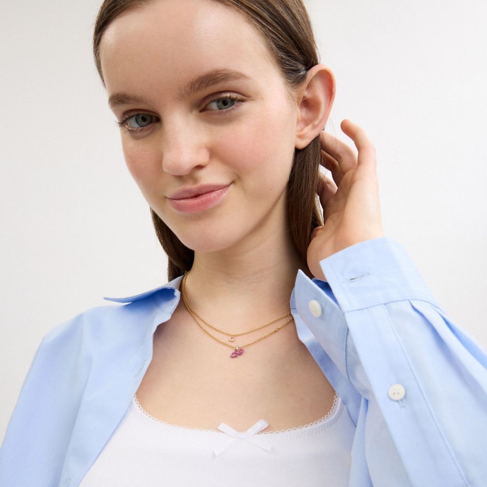 Coach Mini Bow Layered Necklace Gold Pink