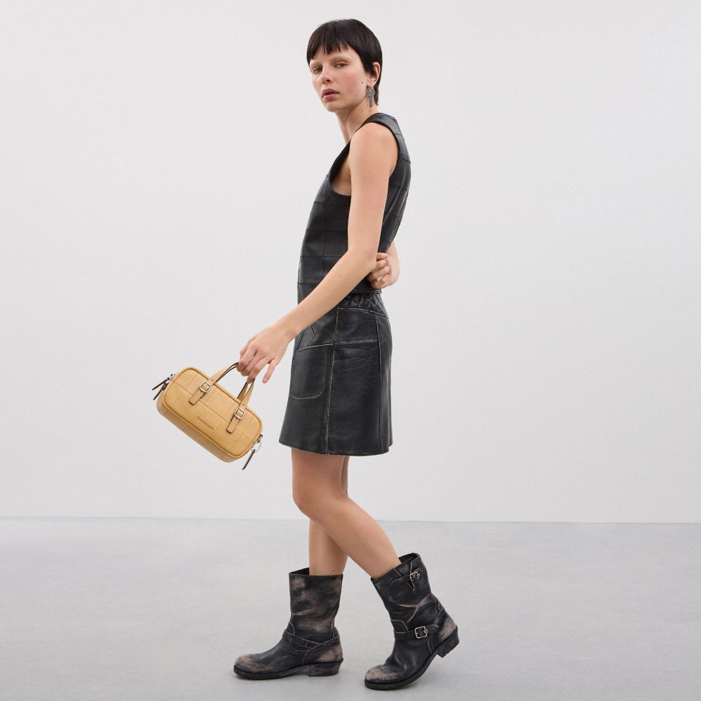 Coach Alter/Ego Mini Satchel Bag In Checkerboard Upcrafted Leather With Crossbody Strap Tan