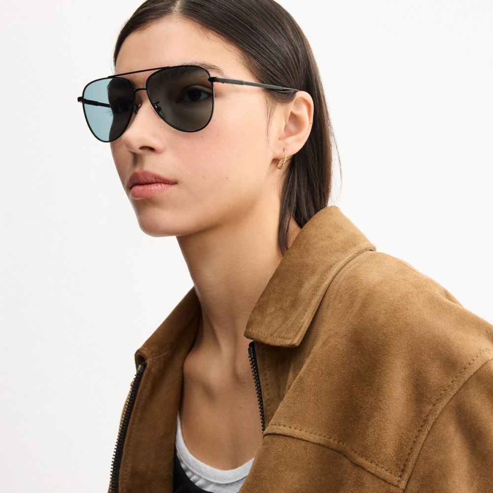 Coach C Hardware Metal Pilot Sunglasses Black Blue