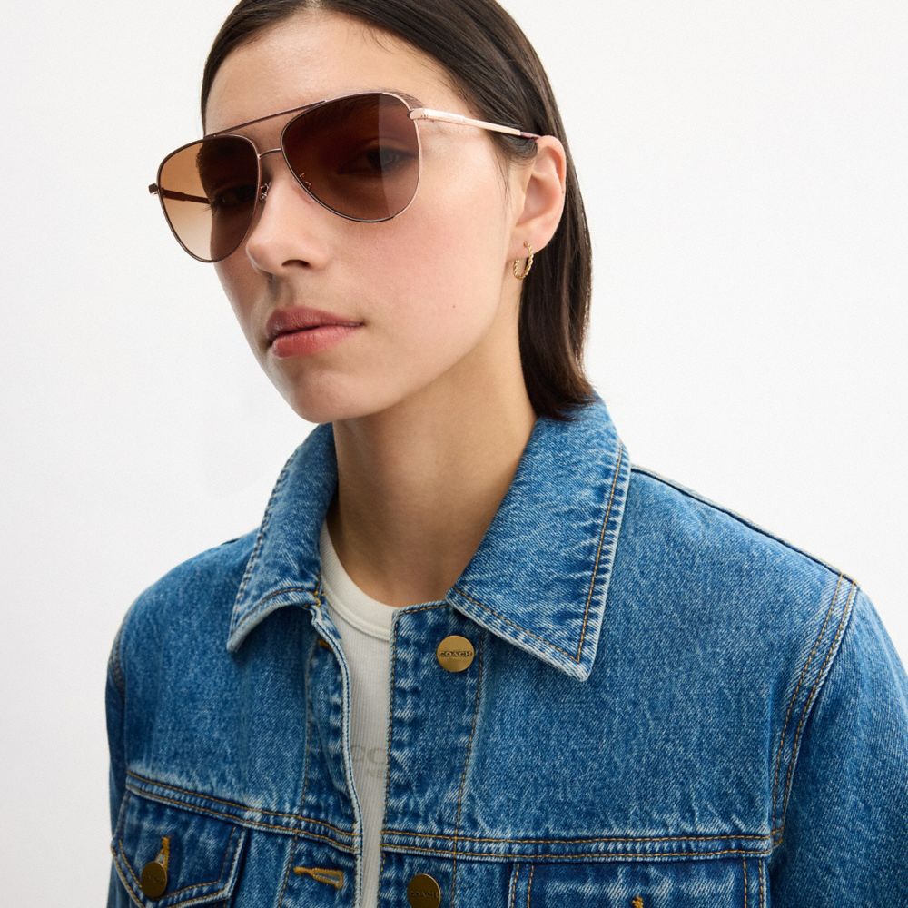 Coach C Hardware Metal Pilot Sunglasses Rose Gold Brown Rose Grad