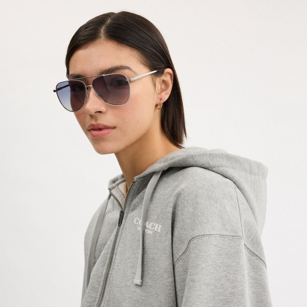 Coach C Hardware Metal Pilot Sunglasses Silver Blue