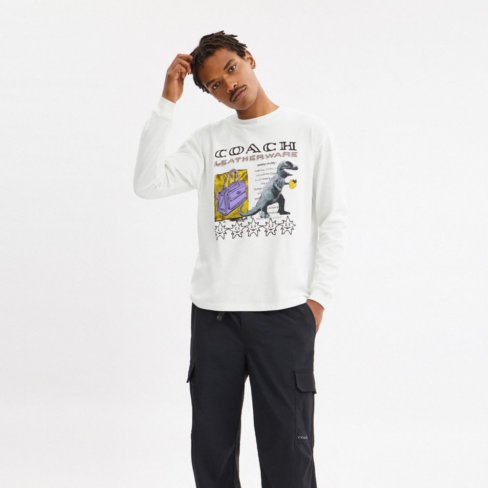 Coach Leatherware Collage Relaxed Long Sleeve T Shirt In Organic Cotton White