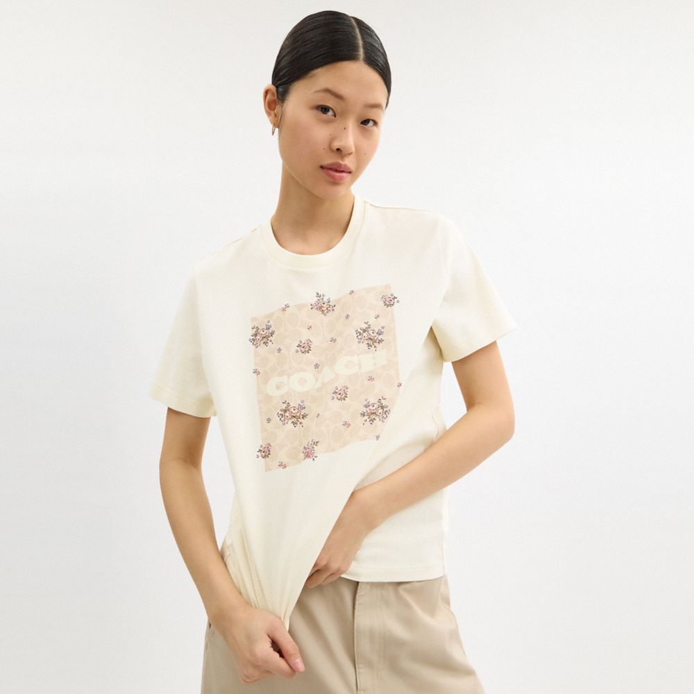 Coach Spring Blossom Signature Square Classic T Shirt In Organic Cotton Cream