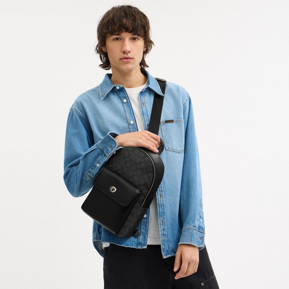 Coach Turnlock Sling Pack In Signature Canvas Gunmetal Charcoal Black