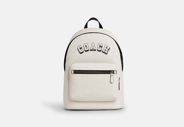 West Backpack With Varsity Motif Pebbled Leather-Gunmetal-Chalk-Black Pebbled Leather-Gunmetal-Chalk-Black
