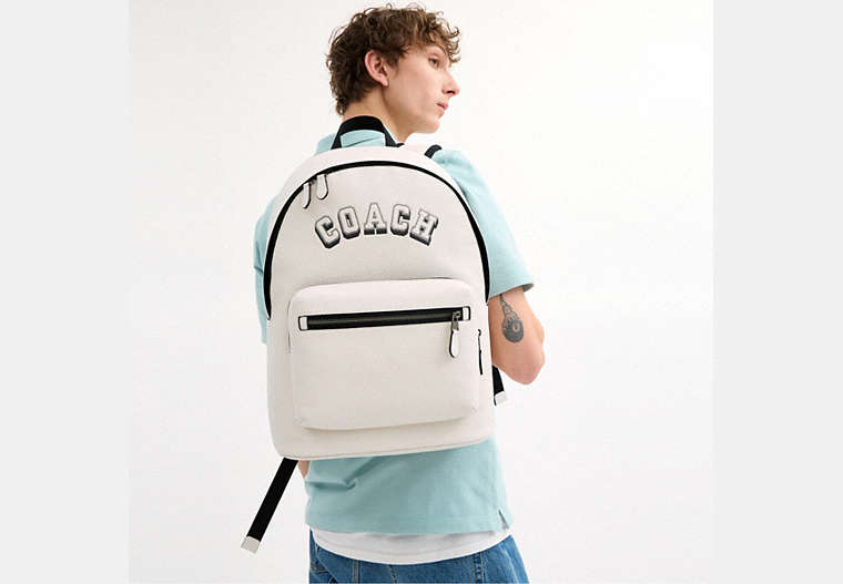 West Backpack With Varsity Motif Pebbled Leather-Gunmetal-Chalk-Black Pebbled Leather-Gunmetal-Chalk-Black