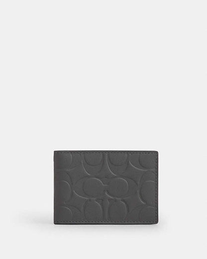 Compact Billfold Wallet In Signature Leather Embossed Leather-Charcoal Embossed Leather-Charcoal