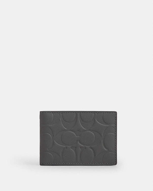 Compact Billfold Wallet In Signature Leather Embossed Leather-Charcoal Embossed Leather-Charcoal