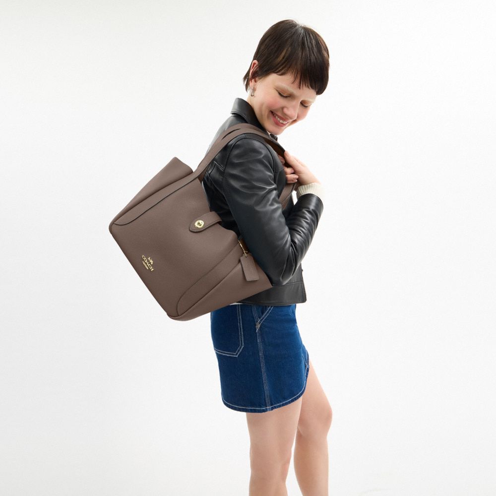 Hadley Turnlock Tote Bag Pebbled Leather-Gold-Dark Stone Pebbled Leather-Gold-Dark Stone