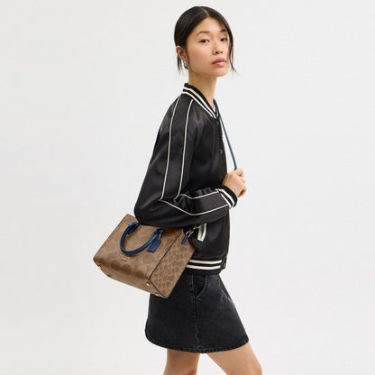 Coach Maggie Small Tote Bag In Signature Canvas Gold Tan Deep Blue