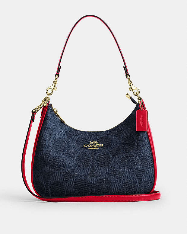 Teri Hobo Bag In Signature Canvas Signature Canvas-Im-Denim-Bold Red Signature Canvas-Im-Denim-Bold Red