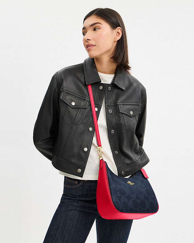 Teri Hobo Bag In Signature Canvas Signature Canvas-Im-Denim-Bold Red Signature Canvas-Im-Denim-Bold Red