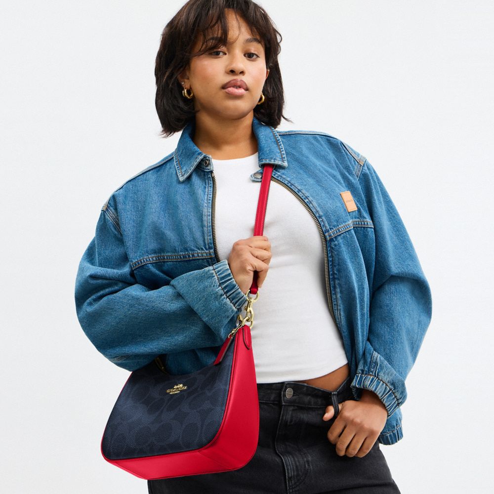 Teri Hobo Bag In Signature Canvas Signature Canvas-Im-Denim-Bold Red Signature Canvas-Im-Denim-Bold Red