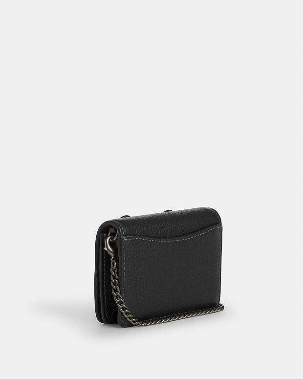 Mini Wallet On A Chain With Floral Applique Pebbled Leather-Gunmetal-Black Pebbled Leather-Gunmetal-Black