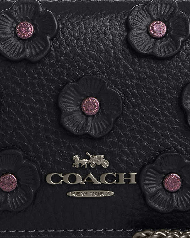 Mini Wallet On A Chain With Floral Applique Pebbled Leather-Gunmetal-Black Pebbled Leather-Gunmetal-Black