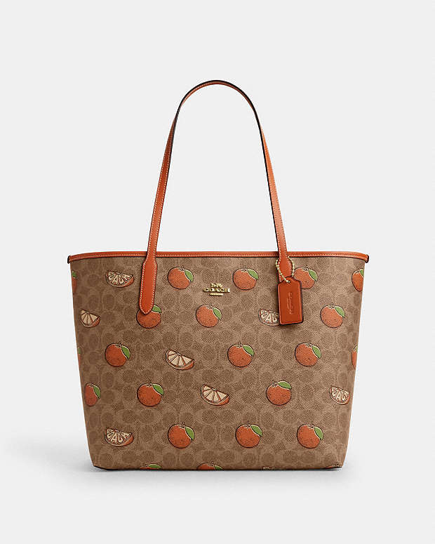 City Tote Bag In Signature Canvas With Orange Print Gold-Tan Multi Gold-Tan Multi