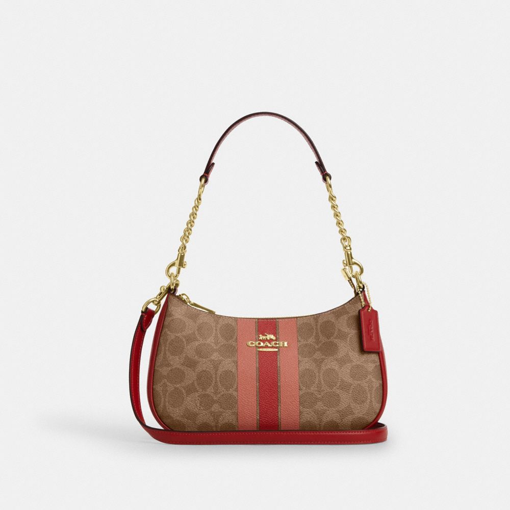 Teri Shoulder Bag In Signature Canvas With Stripe Signature Canvas-Gold-Tan Multi Signature Canvas-Gold-Tan Multi