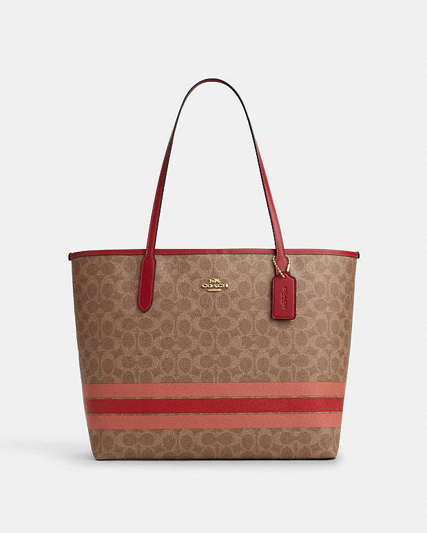 City Tote Bag In Signature Canvas With Stripe Gold-Tan Multi Gold-Tan Multi