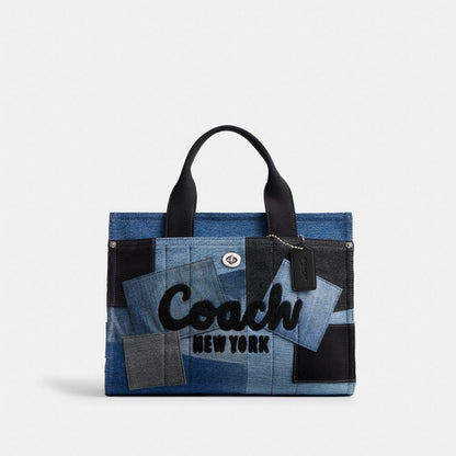 Coach Cargo Tote Bag With Patchwork Silver Denim Multi
