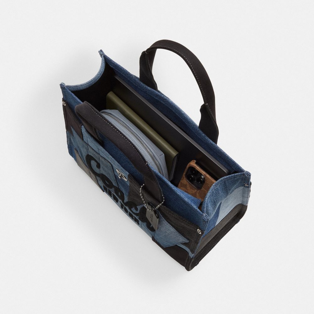 Coach Cargo Tote Bag With Patchwork Silver Denim Multi