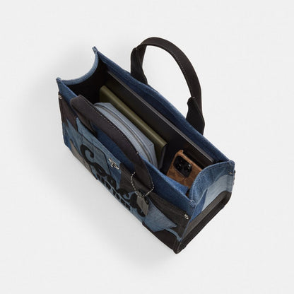 Coach Cargo Tote Bag With Patchwork Silver Denim Multi