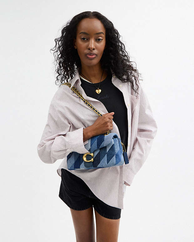 Tabby Shoulder Bag 26 With Patchwork Quilting Denim-Brass-Denim Denim-Brass-Denim