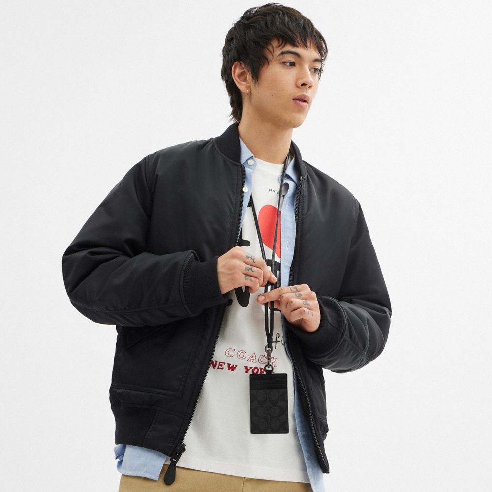 Coach Id Lanyard In Signature Canvas Charcoal