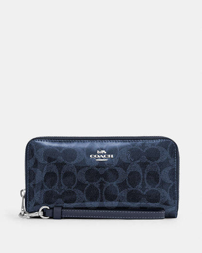 Long Zip Around Wallet In Signature Canvas Silver-Dark Denim Silver-Dark Denim
