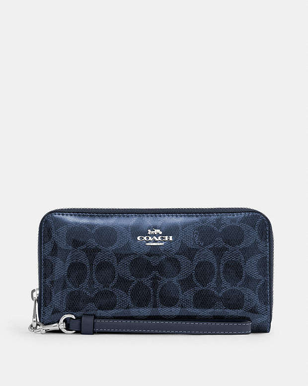 Long Zip Around Wallet In Signature Canvas Silver-Dark Denim Silver-Dark Denim