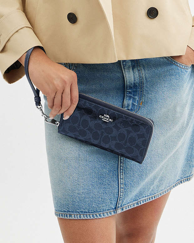 Long Zip Around Wallet In Signature Canvas Silver-Dark Denim Silver-Dark Denim
