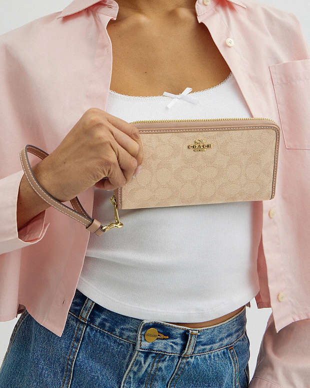 Long Zip Around Wallet With Signature Canvas Im-Dark Natural Multi Im-Dark Natural Multi