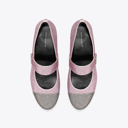 Tory Burch Cap-Toe Mary Jane Pav Heeled Ballet GRAY STONE / SPARKLE PINK