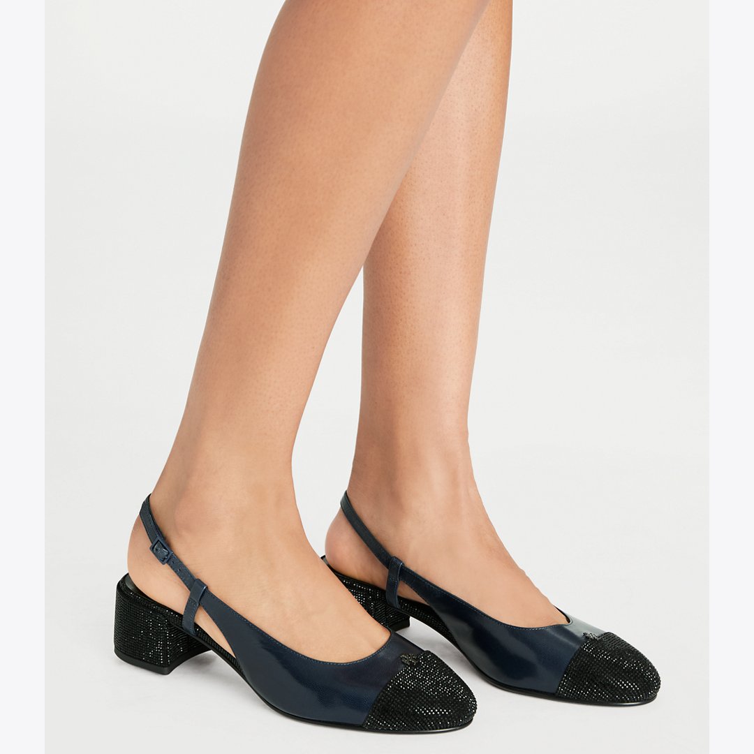 Tory Burch Cap-Toe Pav Slingback Pump NEW NAVY / PERFECT BLACK