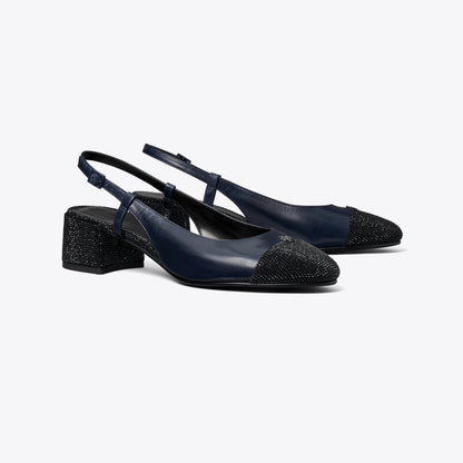 Tory Burch Cap-Toe Pav Slingback Pump NEW NAVY / PERFECT BLACK