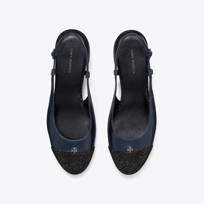 Tory Burch Cap-Toe Pav Slingback Pump NEW NAVY / PERFECT BLACK