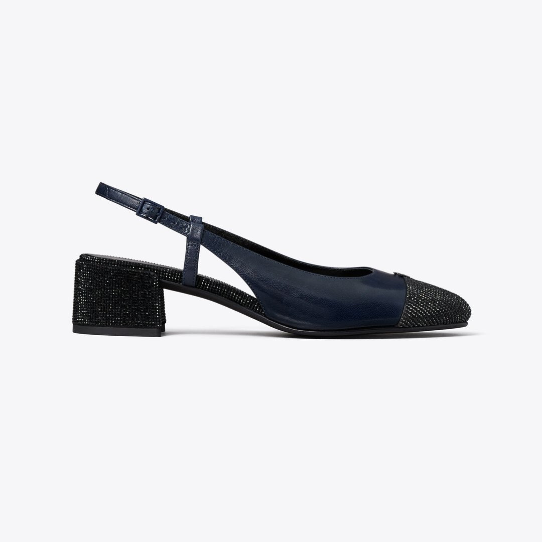 Tory Burch Cap-Toe Pav Slingback Pump NEW NAVY / PERFECT BLACK