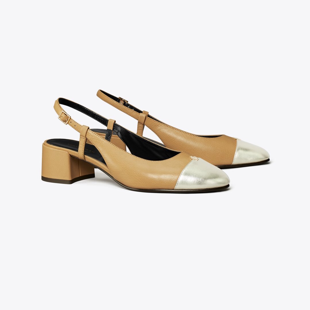 Tory Burch Cap-Toe Slingback Pump GINGER SHORTBREAD / SPARK GOLD