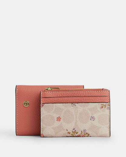 Card Holder Wallet In Signature Canvas With Floral Print Gold-Sand Multi Gold-Sand Multi