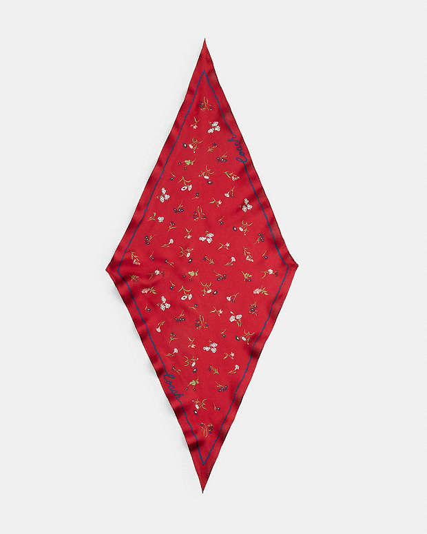 Tossed Floral Print Silk Diamond Scarf Enamel Red Enamel Red
