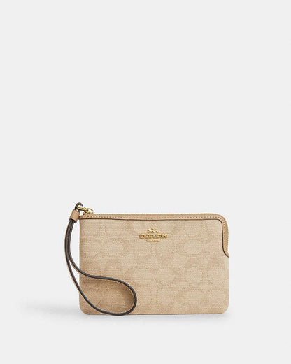 Corner Zip Wristlet With Signature Canvas Im-Dark Natural Multi Im-Dark Natural Multi