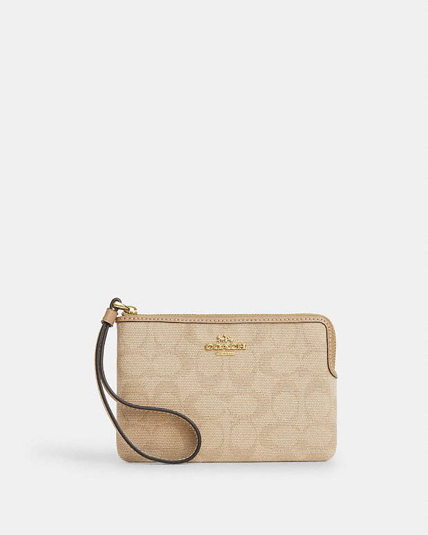 Corner Zip Wristlet With Signature Canvas Im-Dark Natural Multi Im-Dark Natural Multi