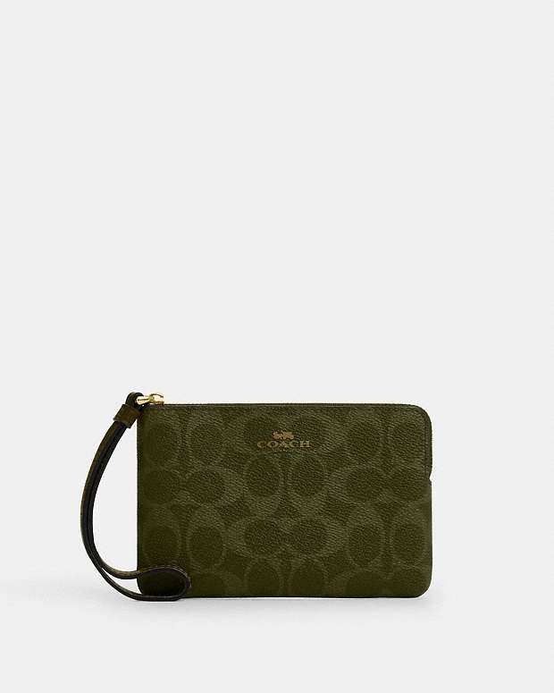 Corner Zip Wristlet In Signature Canvas Signature Canvas-Gold-Olive Signature Canvas-Gold-Olive