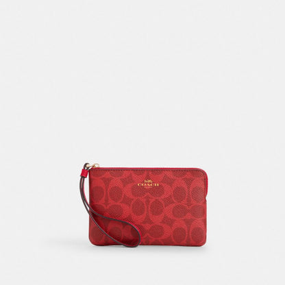 Coach Corner Zip Wristlet In Signature Canvas Gold Bold Red