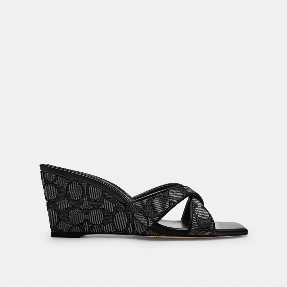 Coach Wedge Sandal In Signature Jacquard Smoke Coal Black